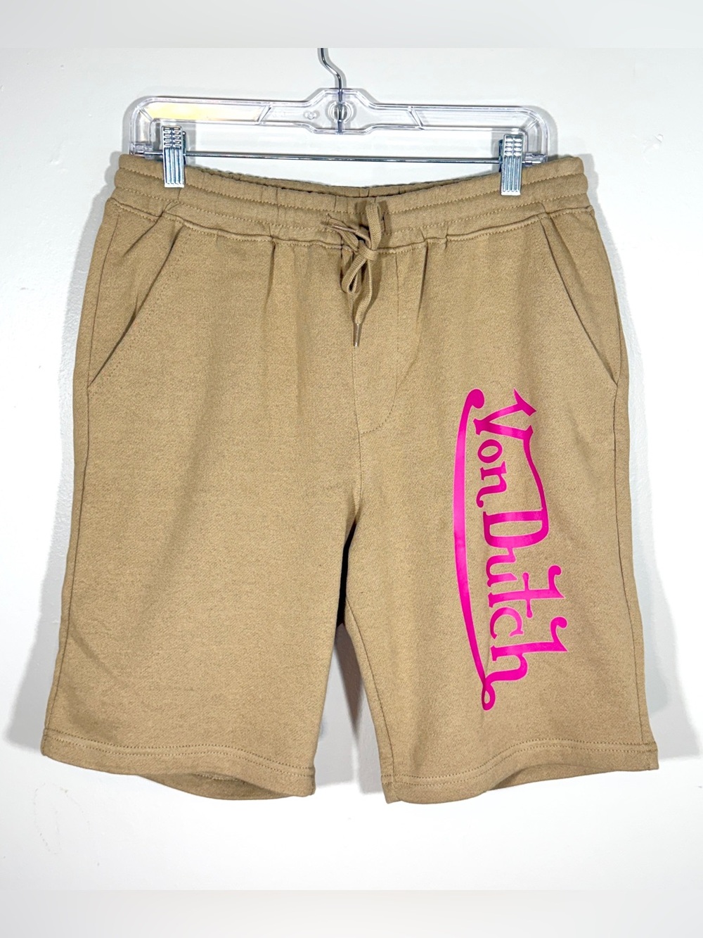 Von Dutch Men’s Tan & Hot Pink Logo Sweat Shorts  Y2K streetwear skater